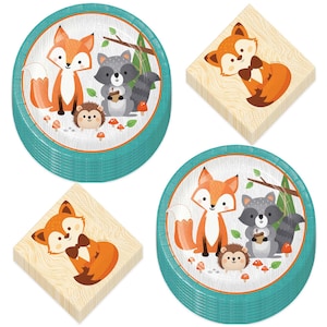 Fox Party Supplies - Woodland Animal Fox & Friends Paper Dinner Plates and Fox Beverage Napkins (16 Total Plates and 16 Napkins)