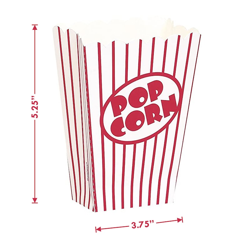 K&ouml;nnte beinhalten: Eine wei&szlig;e und rot gestreifte Popcorn-Box mit dem Wort "POPCORN" in roten Buchstaben. Die Box ist 5,25 Zoll hoch und 3,75 Zoll breit.