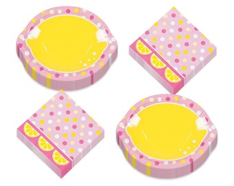 Lemon Party Supplies - Lemon Shaped Pink Lemonade Paper Dessert Plates and Luncheon Napkins (Serves 16)