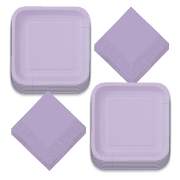 Solid Lavender Purple Square Paper Dinner Plates and Luncheon Napkins(Serves 14)