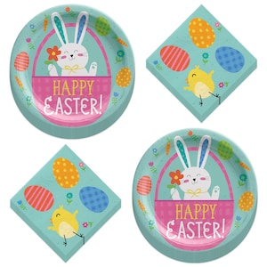 Easter Party Bunny and Chick Springtime Paper Dinner Plates and Lunch Napkins (16 Plates & Napkins)