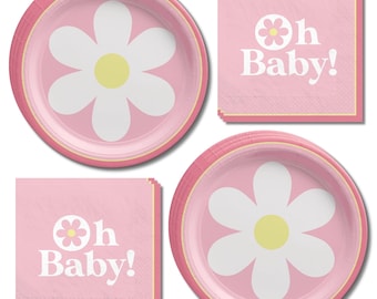 Little Daisy Baby Shower Supplies, Pink Daisy Plates Napkins Set, Oh Baby Girl Shower, Floral Birthday Party, Spring Daisy Theme, Serves 16