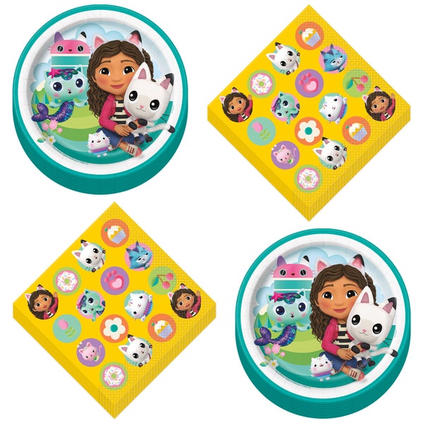 Home and Hoopla Gabby's Dollhouse Party Supplies -  Birthday Party Round Paper Dessert Plates and Lunch Napkins (16 Plates and Napkins)