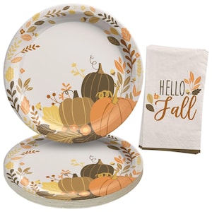 May include: A set of 8 paper plates with a fall theme featuring pumpkins, leaves, and flowers in shades of orange, brown, and yellow. The plates are white with a brown border. The set also includes a paper napkin with the text "Hello Fall" in brown lettering.