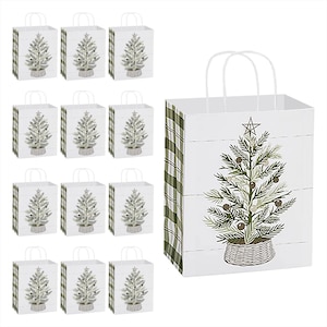 Christmas & Winter Farmhouse Plaid and Pine Paper Gift Bags and  Favor Bags, Medium Size - 8 Inches x 4.75 Inches x 10.25 Inches (12 Pack)