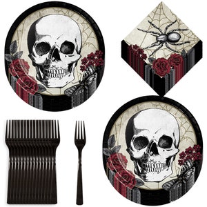 Create the spookiest Halloween table display with this Vintage Skull & Dark Floral Spider Dinner Set!