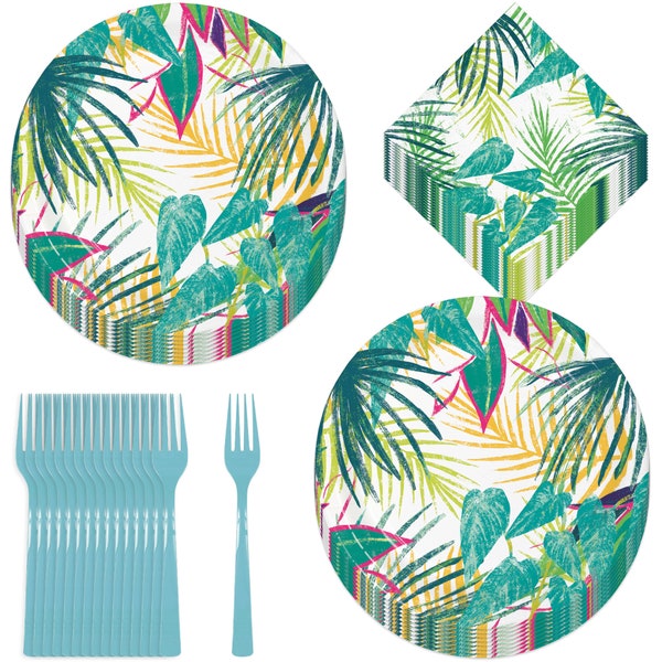 Tropical Party Supplies - Teal & Pink Island Tropics Paper Dessert Plates, Beverage Napkins, and Forks (Serves 16)