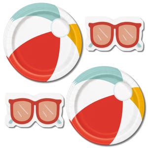 May include: Two round paper plates featuring a multi-colored beach ball pattern in red, white, light blue, and yellow, alongside two die-cut paper plates shaped like red-rimmed sunglasses with light pink lenses and light blue accents.