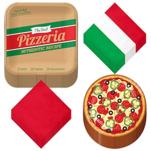 Pizza Party Supplies -  Dinner Plates, Dessert Plates, Italian Flag Lunch Napkins, and Red Beverage Napkins (32 Total Plates and Napkins)