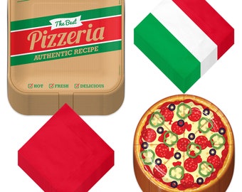 Pizza Party Supplies -  Dinner Plates, Dessert Plates, Italian Flag Lunch Napkins, and Red Beverage Napkins (32 Total Plates and Napkins)