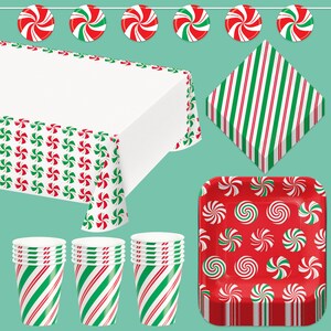 May include: A red and green peppermint swirl themed party supplies set. The set includes a tablecloth, napkins, plates, and cups. The tablecloth has a white background with a red and green peppermint swirl pattern. The napkins have a white background with red and green stripes. The plates have a red background with a white and green peppermint swirl pattern. The cups have a white background with red and green stripes.