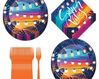 Summer Vibes Party Sunset Beach Palm Paper Dessert Plates, Beverage Napkins, and Forks (Serves 16)
