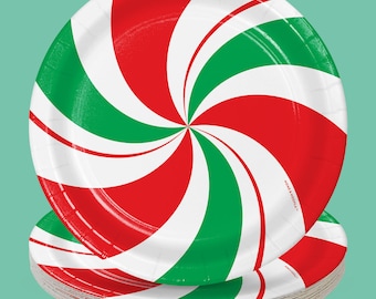 Peppermint Party Supplies - Red & Green Candy Swirls Round Paper Dessert Plates for 16 Guests