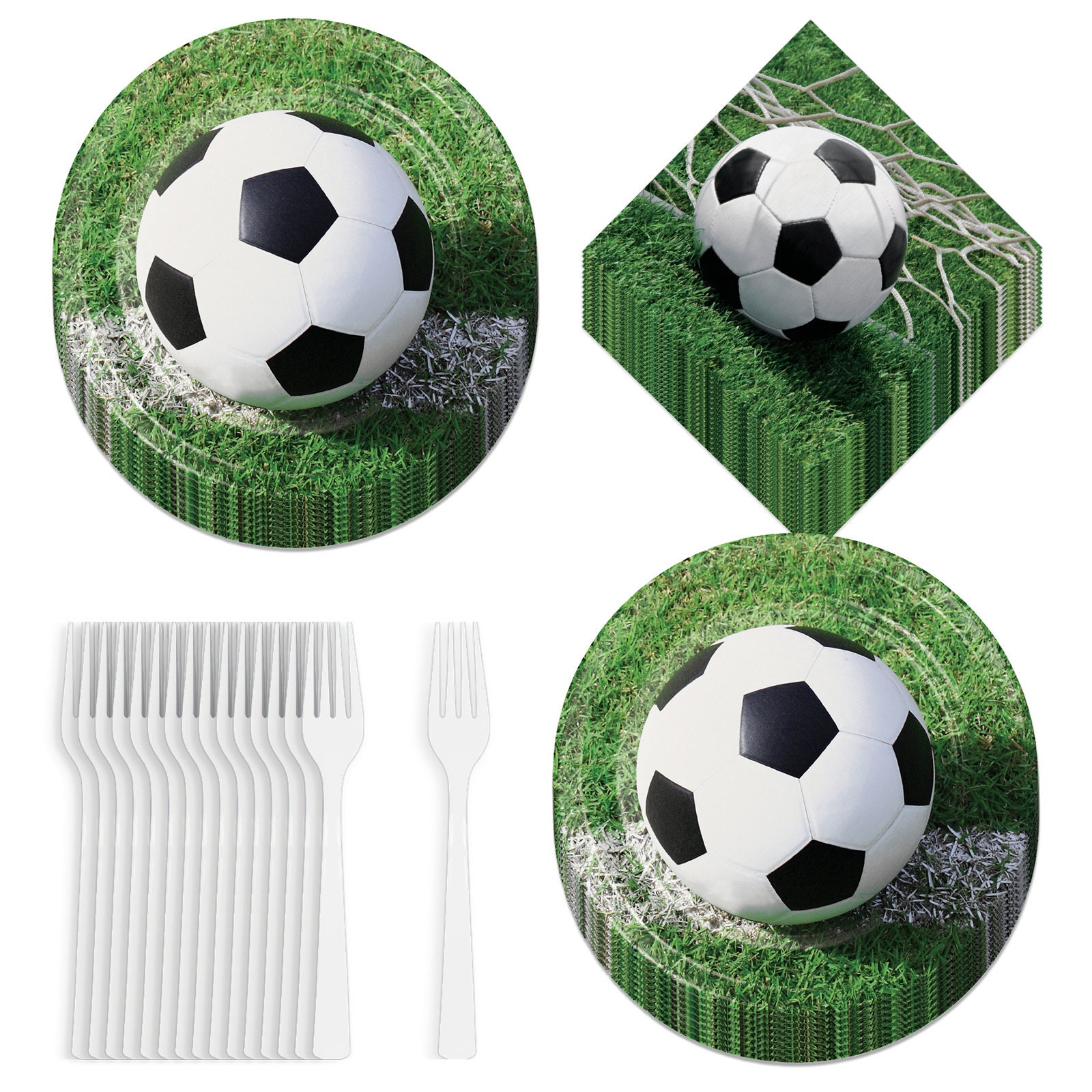 Soccer Party Supplies Soccer Ball Paper Dinner Plates Luncheon Napkins and Forks Serves 16