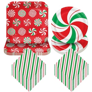 Peppermint Swirl Red & Green Christmas Candy Holiday Tableware - Paper Dinner Plates, Dessert Plates, and Lunch Napkins (Serves 32)