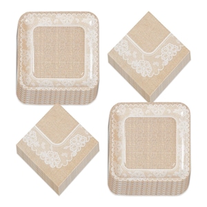 Wedding Party and Bridal Shower Rustic Burlap and Lace Paper Dinner Plates and Luncheon Napkins (Serves 16)