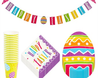 Bright Easter Colorful Dessert Party Pack - Egg Shaped Paper Plates, Napkins, Cups, and Happy Easter Garland Set (Serves 16)