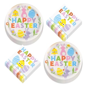 May include: A set of 10 paper plates and 10 napkins featuring a colorful Easter theme. The plates and napkins have a white background with a bunny, chick, and eggs. The text "Happy Easter" is printed in rainbow colors.