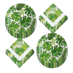 May include: A set of green and white tropical leaf patterned paper plates and napkins. The plates and napkins feature a white background with green tropical leaves.