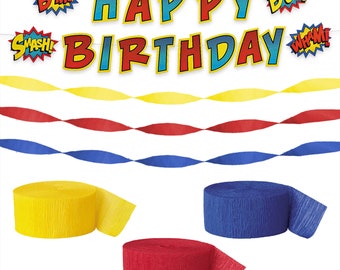 Superhero Party Supplies - Hero Banner Garland with Red, Yellow, and Blue Crepe Streamer Decorations