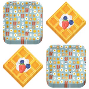 Breakfast & Brunch Party Supplies - Sunnyside Eggs and Bacon Paper Dessert Plates and Toast-Shaped Beveage Napkins (Serves 16)