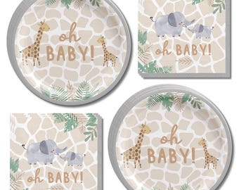 Soft Jungle Baby Shower Supplies, Oh Baby! Giraffe Elephant Plates Napkins Set, Gender Neutral Safari Animal Decor, Boho Nursery, Serves 16