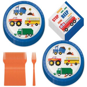 Traffic Jam Paper Dessert Plates, Lunch Napkins, and Plastic Forks For Transportation Vehicle Cars and Trucks Theme Party (Serves 16)