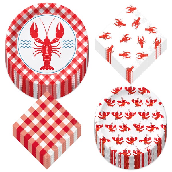 Crawfish Party Tableware - Round Paper Dinner Plates, Dessert Plates, Lunch Napkins, and Beverage Napkin Set (32 Plates and Napkins Total)