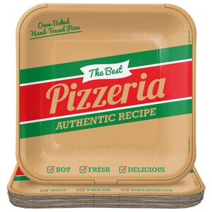 Pizza Party Supplies - Italian Takeout Pizza Box Square Paper Dinner Plates for 16 Guests