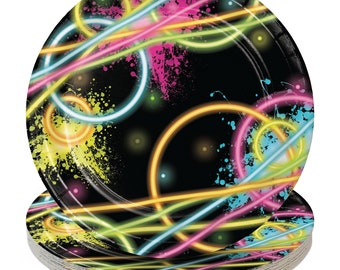 Glow Party Supplies - Neon Glow Stick Theme Round Paper Dessert Plates for 16 Guests