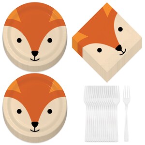 Fox Party Supplies Paper Dessert Plates, Lunch Napkins, and Forks (Serves 16)