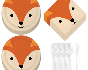 Fox Party Supplies Paper Dessert Plates, Lunch Napkins, and Forks (Serves 16)