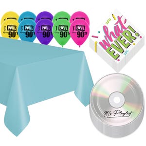 90&#39;s Party Supplies - Party Pack of Cassette Tape Napkins, CD Mix Paper Plates, 90&#39;s Tablecover, and Balloons (16 Plates & Napkins)