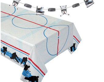 Hockey Party Supplies - Sports Rink Ice Skate and Puck Plastic Table Cover and Garland Decoration Set