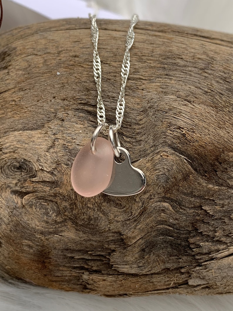 Beach Style Jewelry Sea glass Pink Heart Silver Necklace Charm Necklace Sea glass Necklace
