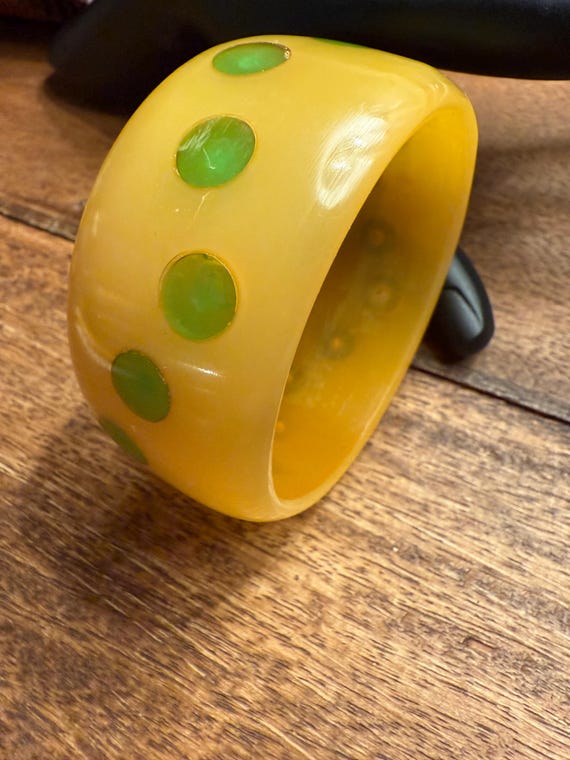 Bracelet - Wide Green Polkadot Plastic Bracelet - image 6