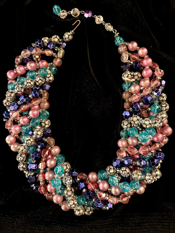 Vintage Multi-Strand Glass Bead Statement Necklac… - image 4