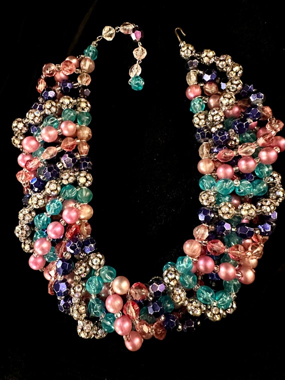 Vintage Multi-Strand Glass Bead Statement Necklac… - image 1