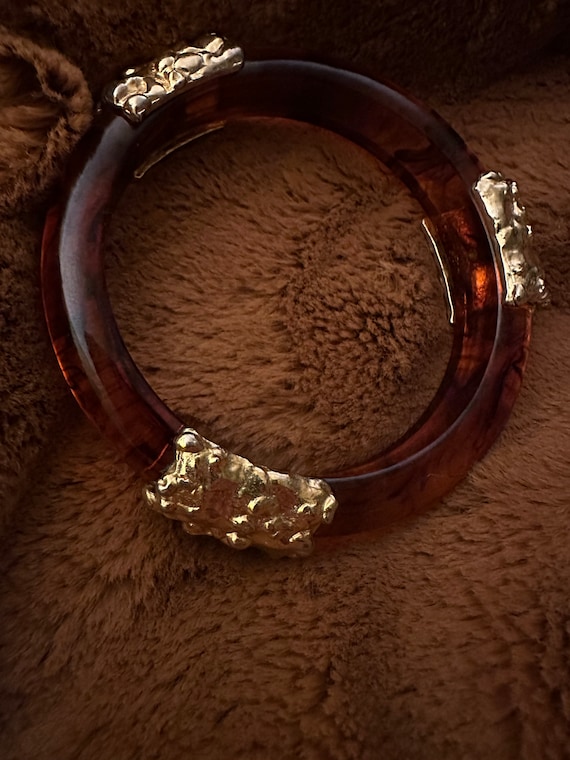 Rare Ice Tea Bakelite Bangle: Gold-Tone Accents - image 1