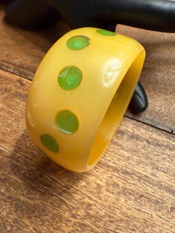 Bracelet - Wide Green Polkadot Plastic Bracelet - image 10