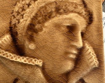 May include: A close-up of a brown ceramic tile with a raised design of a person's face. The tile has a crackled glaze, giving it a textured appearance.