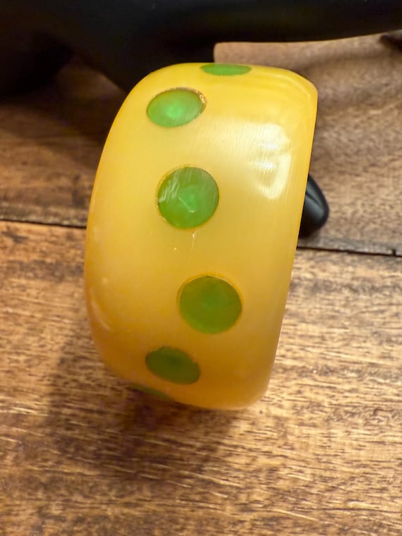 Bracelet - Wide Green Polkadot Plastic Bracelet - image 8