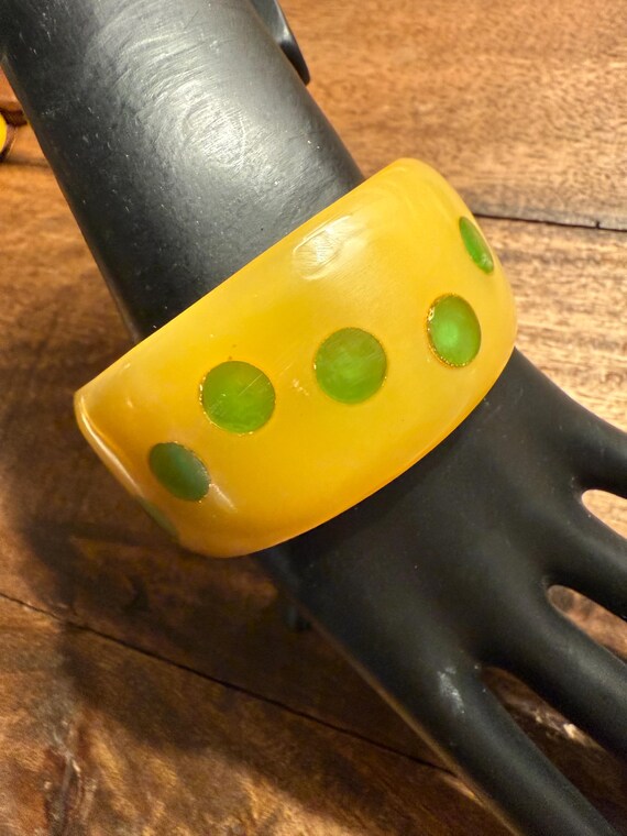Bracelet - Wide Green Polkadot Plastic Bracelet - image 3