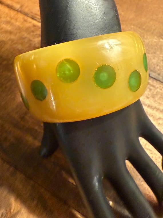 Bracelet - Wide Green Polkadot Plastic Bracelet - image 1