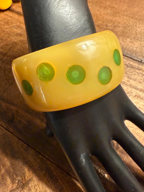 Bracelet - Wide Green Polkadot Plastic Bracelet - image 2