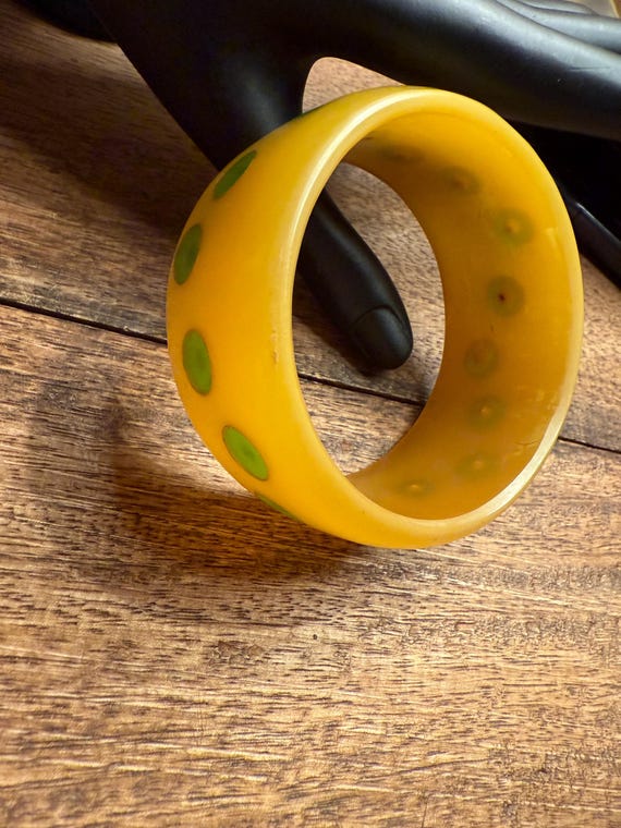 Bracelet - Wide Green Polkadot Plastic Bracelet - image 9