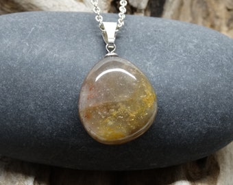 Stone pendant necklace from Lake Superior. Shades of yellow and bits of red. Gift for her.