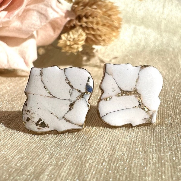 White Blue Gold Faux Stone Polymer Clay & Resin Moroccan Inspired Shape Stud Earrings - Lightweight, Handmade - Faux Marble