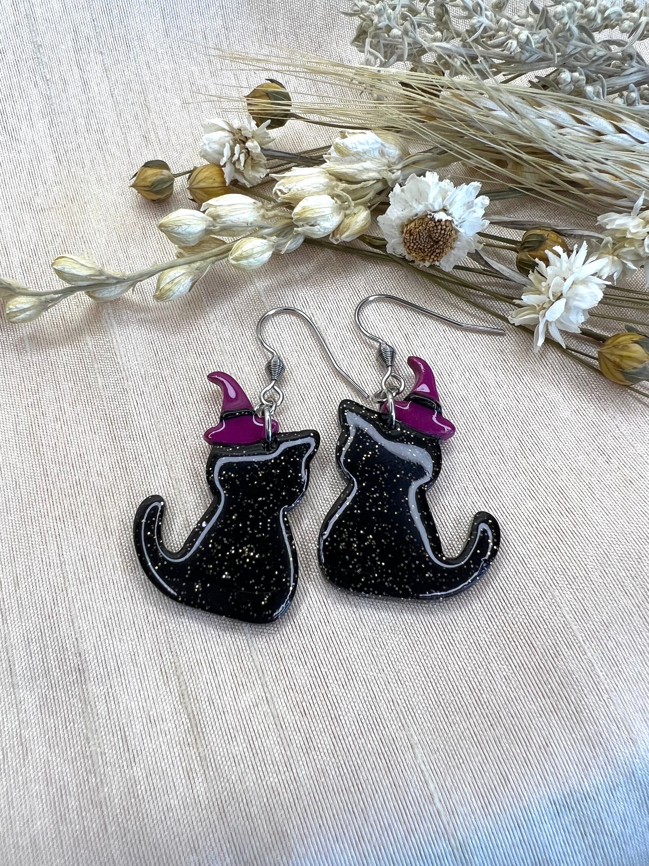 Halloween Earrings For Women - Witch Hat & Black Cat Dangle Earrings - Spooky Jewelry Gift Set