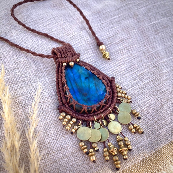 Labradorite Pendant with charms, Ethnic Necklace with stone, Ethno Collier with brass charms, Hippie Necklace with frills